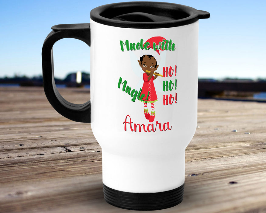 Black Santa Personalized 14oz Insulated Travel Mug - Brown Musical Elf Black Girl Magic