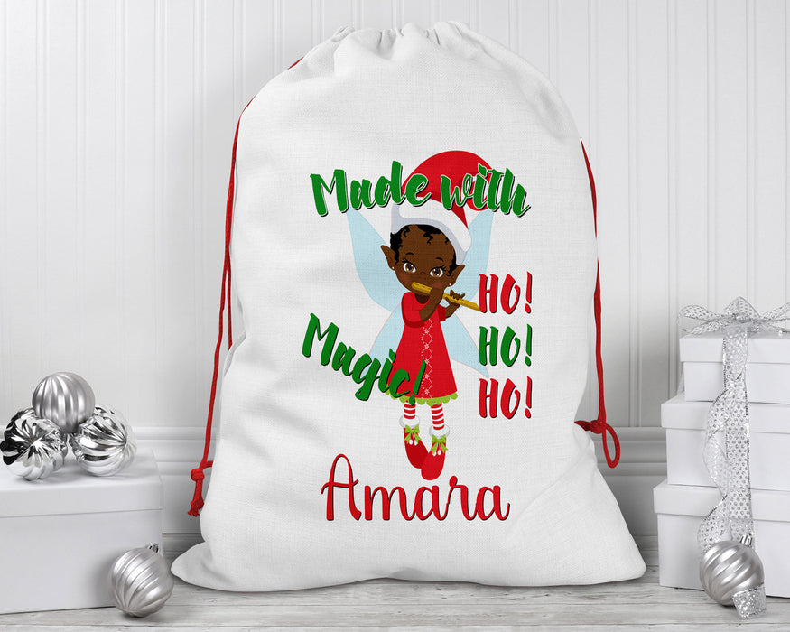 Black Santa Personalized Reusable Santa Sack - Brown Musical Elf Black Girl Magic