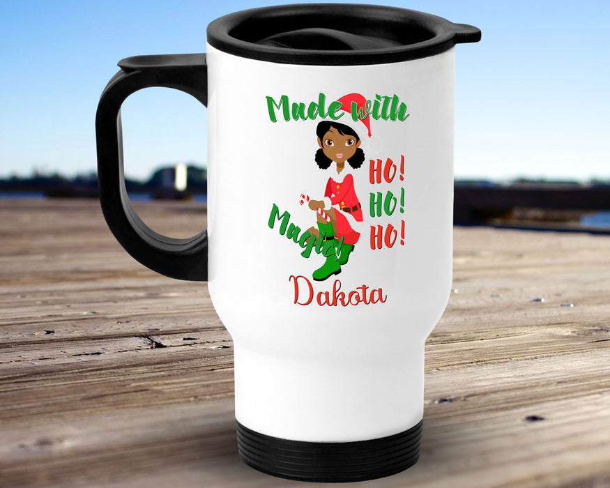 Black Santa Personalized 14oz Insulated Travel Mug - Woman Black Girl Magic Elf Santa Helper