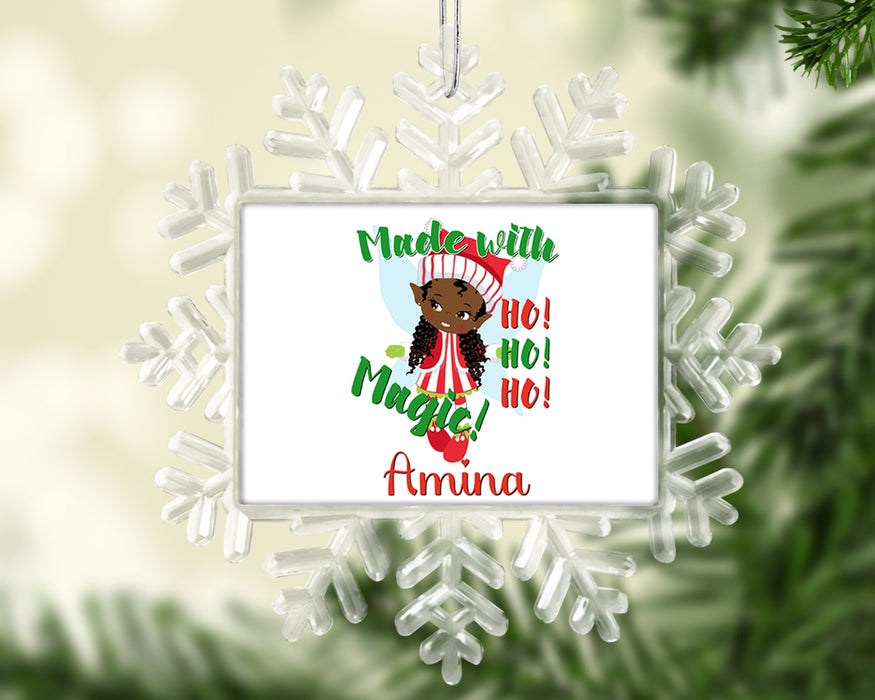 Black Santa Personalized Christmas Tree Ornament - Black Girl Magic Elf Tree