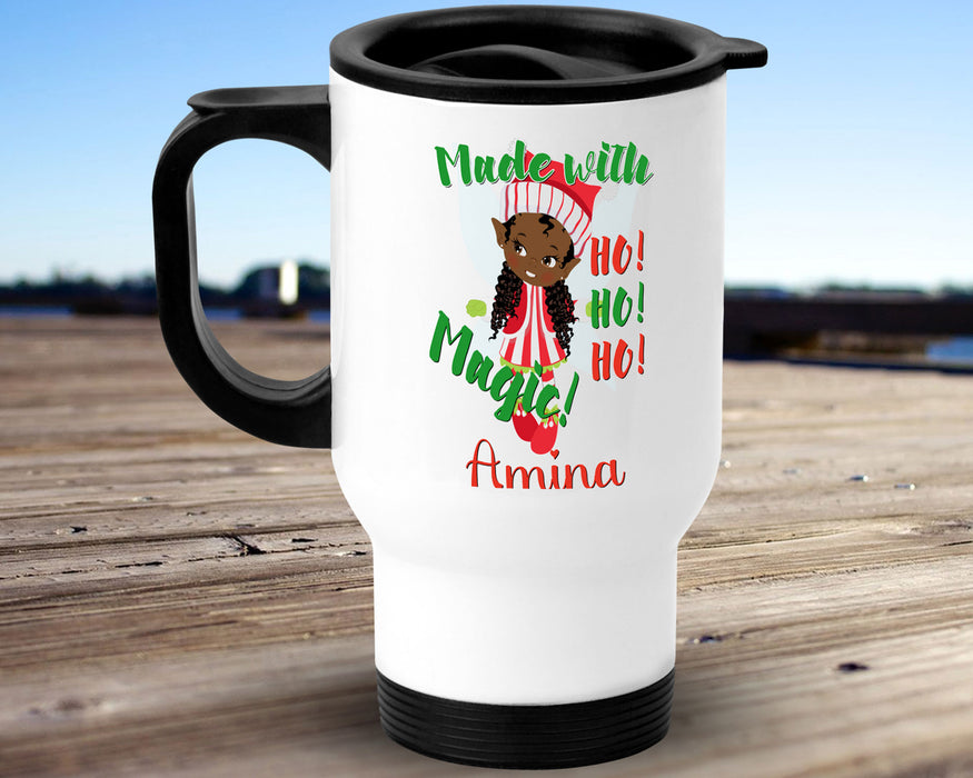 Black Santa Personalized 14oz Insulated Travel Mug - Black Girl Magic Elf