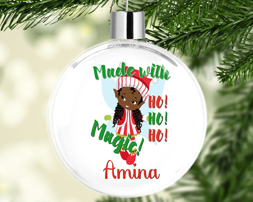 Black Santa Personalized Christmas Tree Ornament - Black Girl Magic Elf Tree