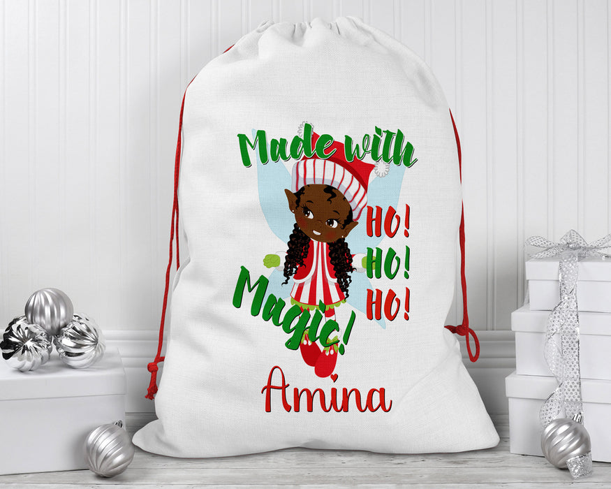 Black Santa Personalized Reusable Santa Sack - Black Girl Magic Elf