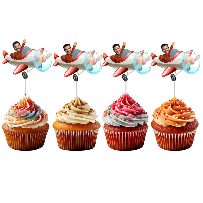 Bleu Reign Personalized Airplane Face Cupcake Toppers | Custom Photo Picks for Pilot, Travel Birthday, Bon Voyage, and Baby Shower Parties
