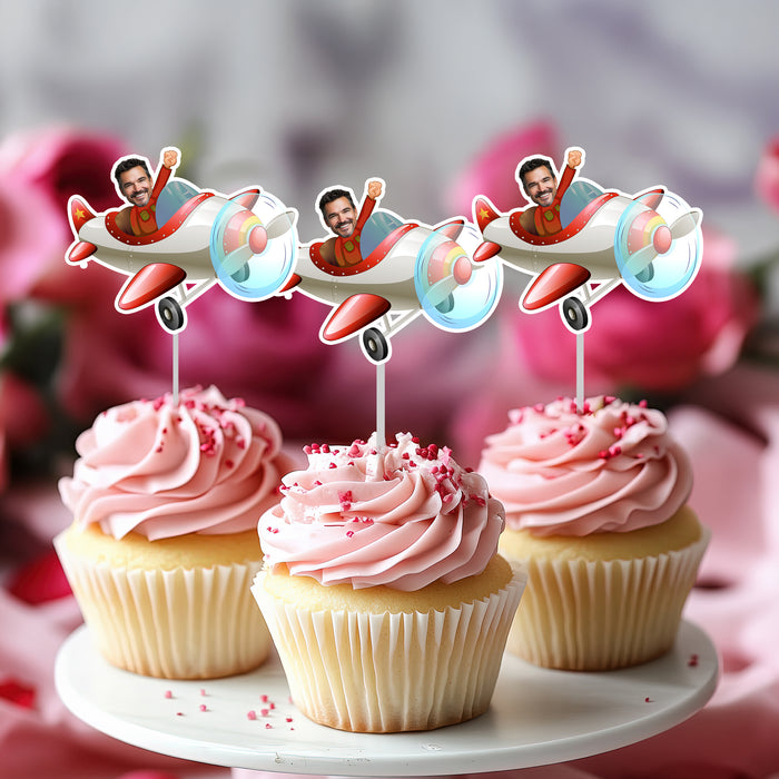Bleu Reign Personalized Airplane Face Cupcake Toppers | Custom Photo Picks for Pilot, Travel Birthday, Bon Voyage, and Baby Shower Parties