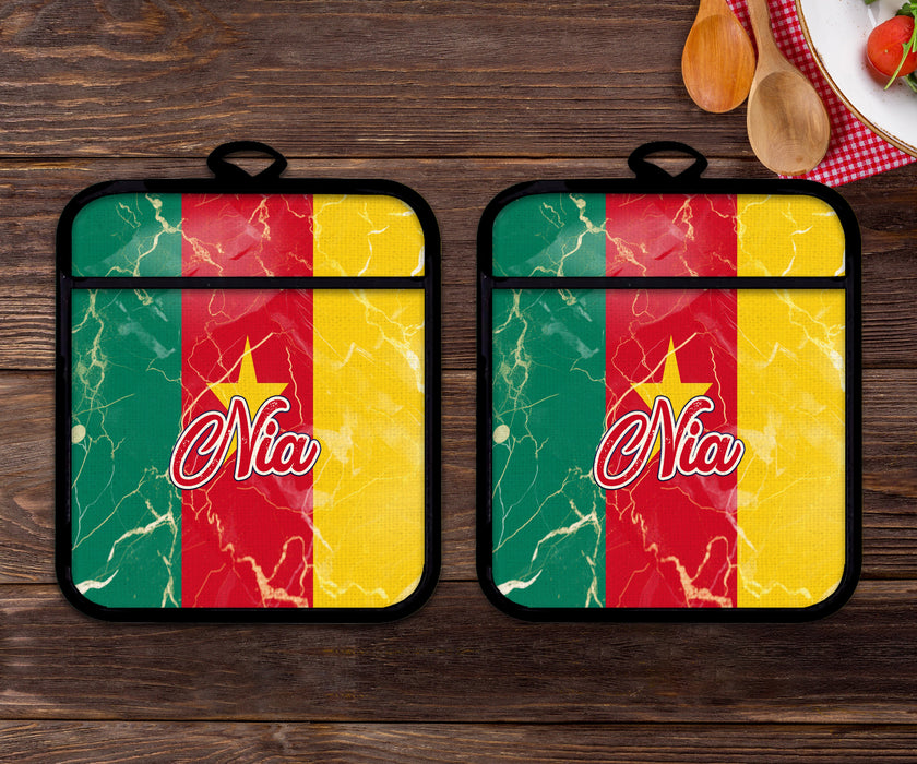 Personalized Linen Potholder Set African Country Flag Series - Cameroon Flag