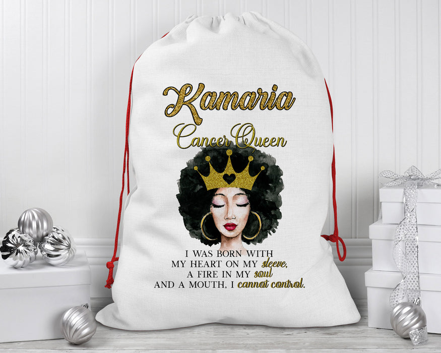 Beautiful Gold Crown Black Queen Zodiac Birthday Month Personalized Reusable Santa Sack