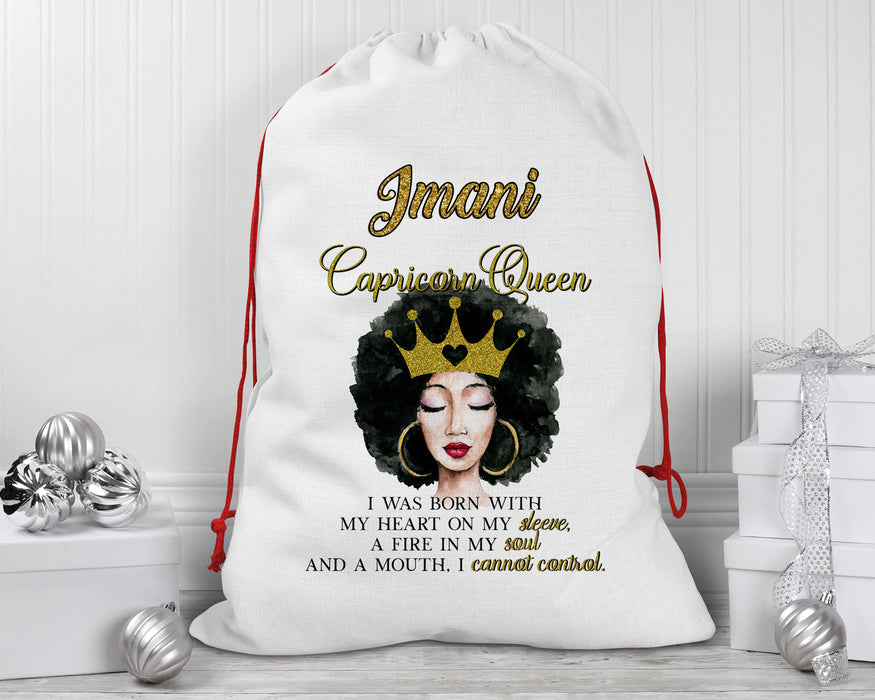 Beautiful Gold Crown Black Queen Zodiac Birthday Month Personalized Reusable Santa Sack