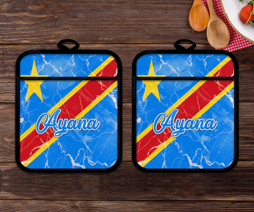 Personalized Linen Potholder Set African Country Flag Series - Democratic Republic of the Congo Flag