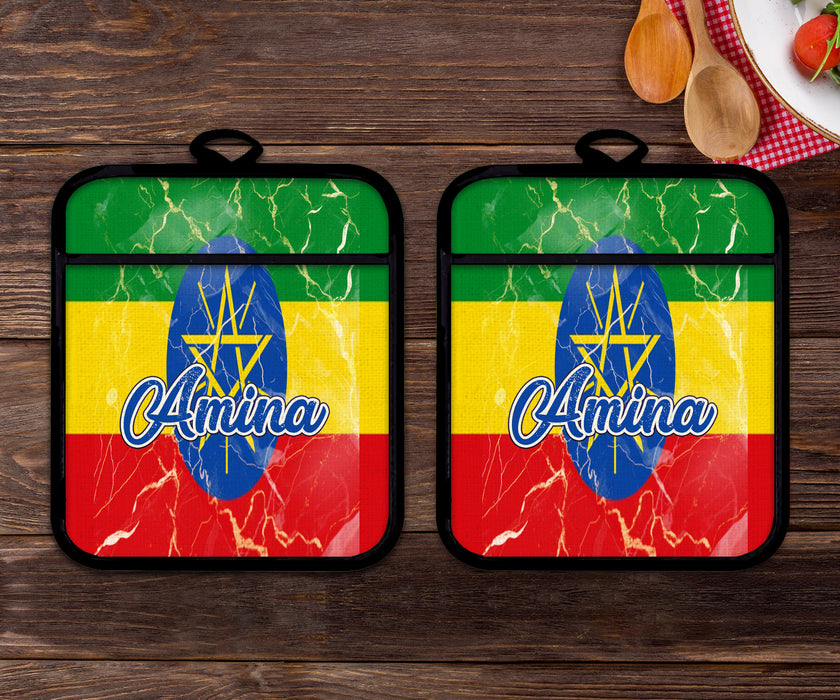 Personalized Linen Potholder Set African Country Flag Series - Ethiopia Flag