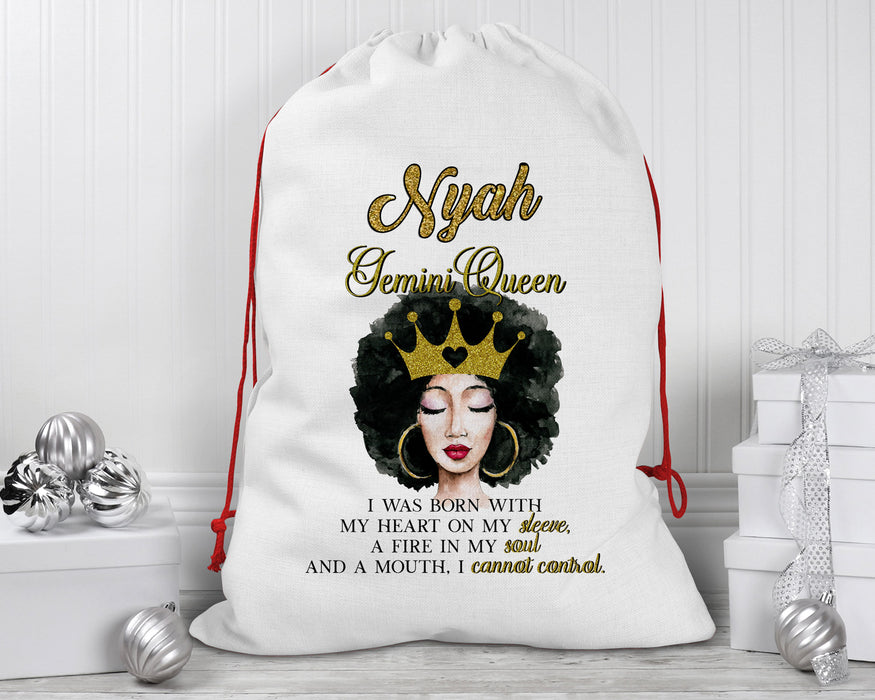 Beautiful Gold Crown Black Queen Zodiac Birthday Month Personalized Reusable Santa Sack