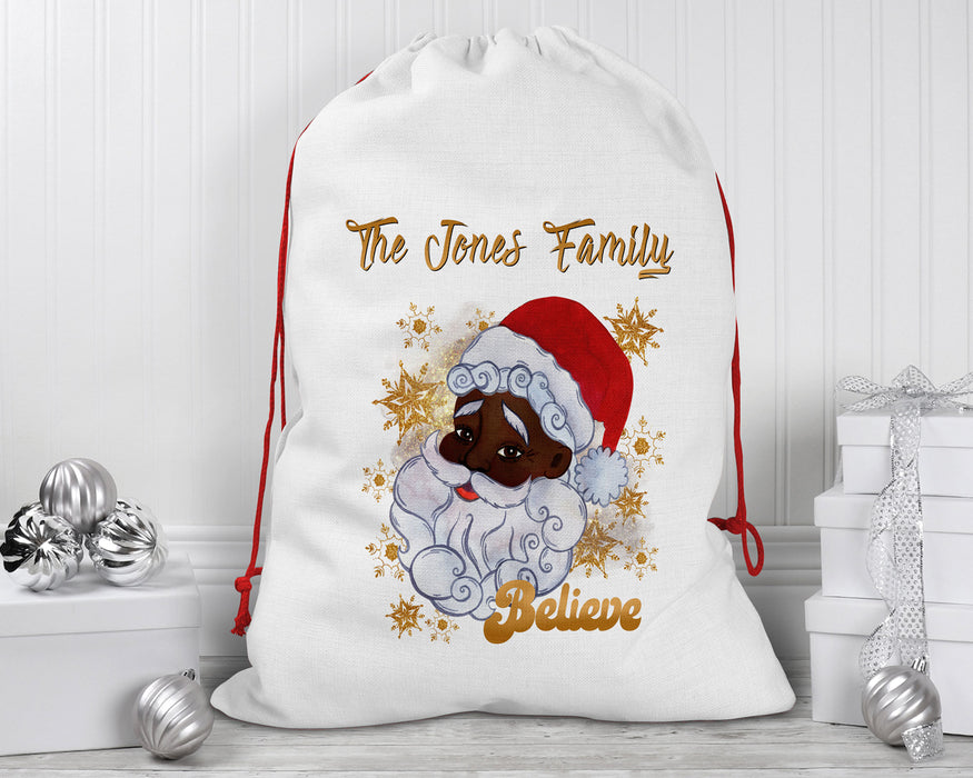 Black Santa Personalized Reusable Santa Sack - Gold Snowflakes Believe In Santa Black