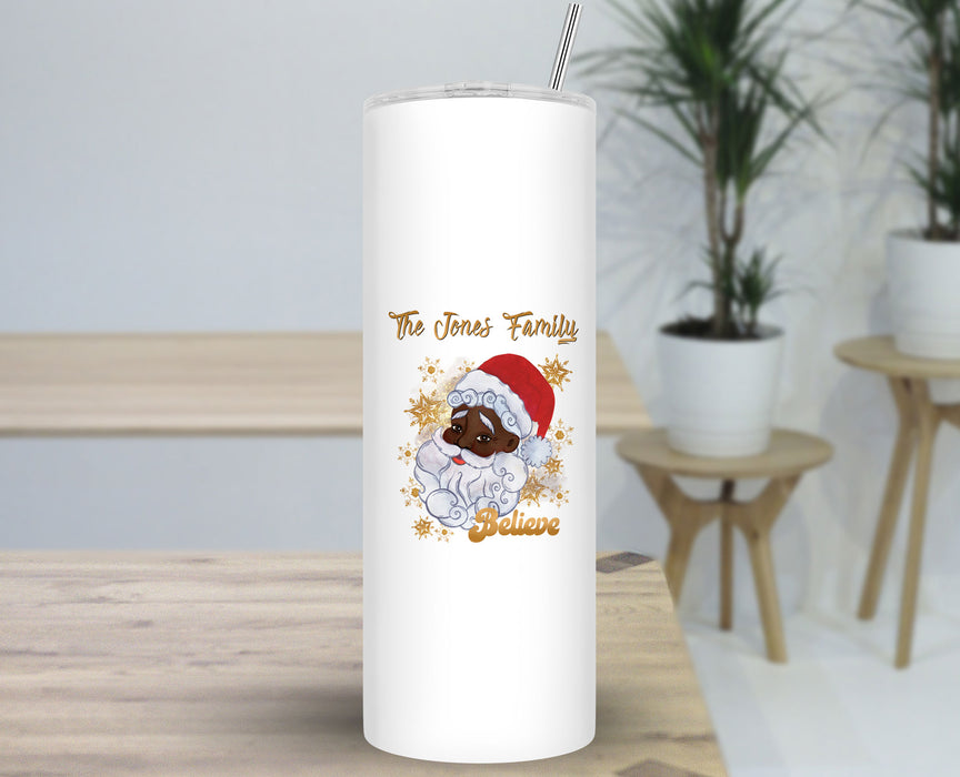 Black Santa Personalized 30oz Travel Skinny Tumbler - Gold Snowflakes Believe In Santa Black