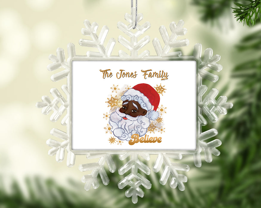 Black Santa Personalized Christmas Tree Ornament - Gold Snowflakes Believe In Santa Black Tree