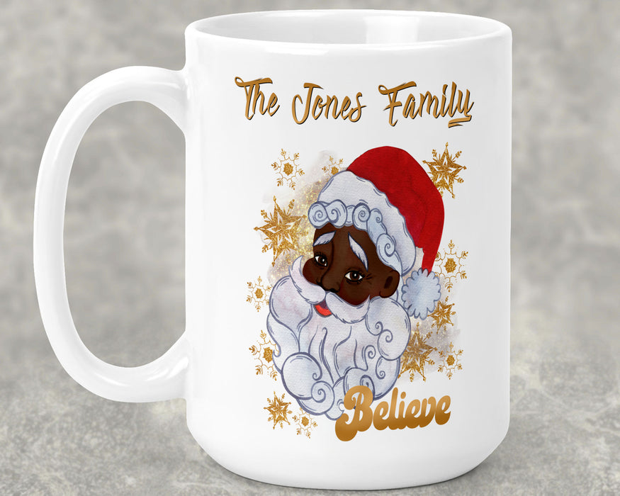 Black Santa Personalized Ceramic 15oz Mug - Gold Snowflakes Believe In Santa Black