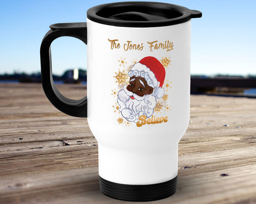 Black Santa Personalized 14oz Insulated Travel Mug - Gold Snowflakes Believe In Santa Black