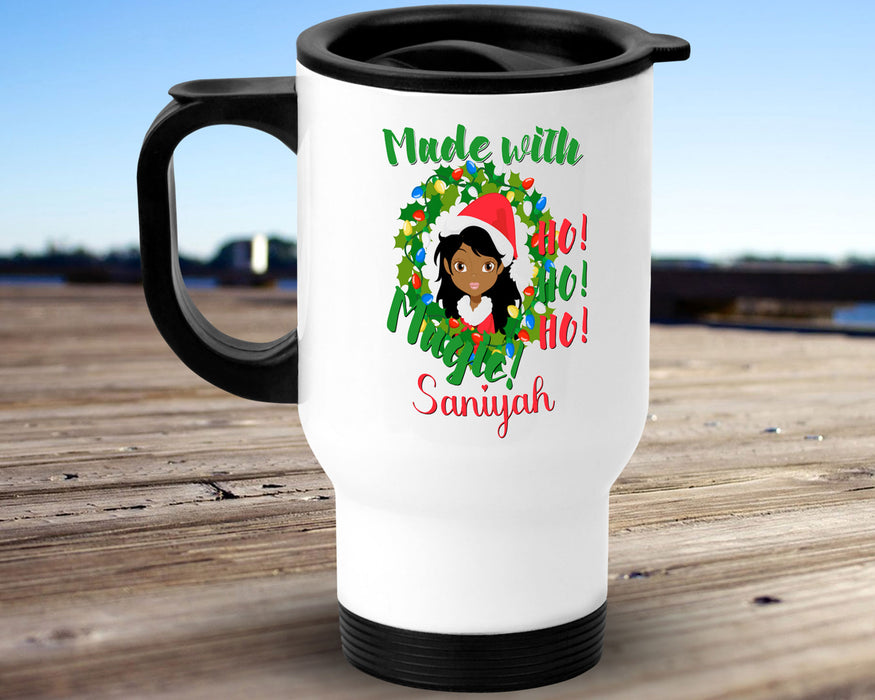 Black Santa Personalized 14oz Insulated Travel Mug - Gorgeous Woman Made With Magic Wreath