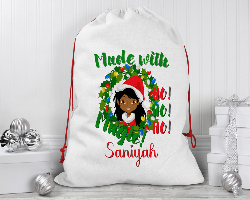 Black Santa Personalized Reusable Santa Sack - Gorgeous Woman Made With Magic Wreath