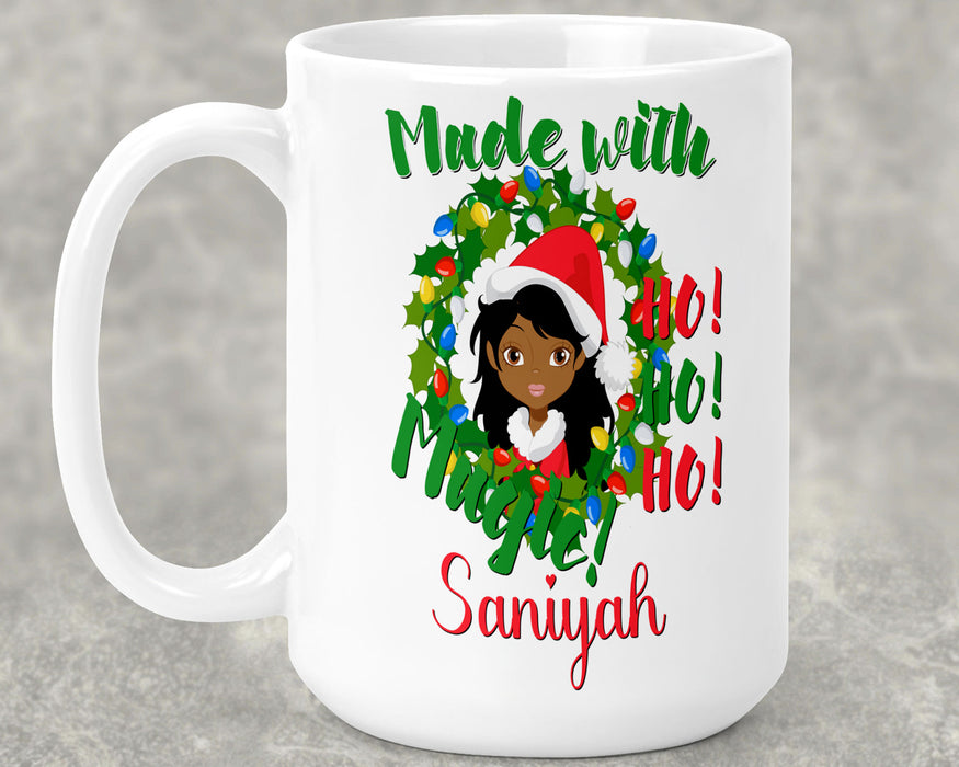 Black Santa Personalized Ceramic 15oz Mug - Gorgeous Woman Made With Magic Wreath