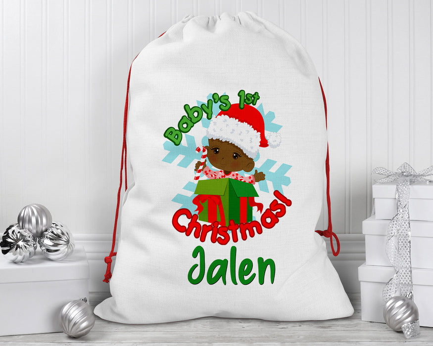 Black Santa Personalized Reusable Santa Sack - Green and Red Baby First Christmas