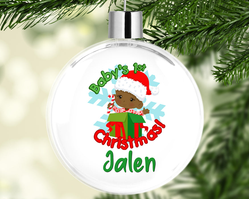 Black Santa Personalized Christmas Tree Ornament - Green and Red Baby First Christmas Tree