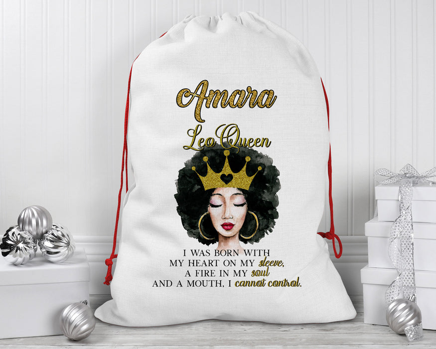 Beautiful Gold Crown Black Queen Zodiac Birthday Month Personalized Reusable Santa Sack