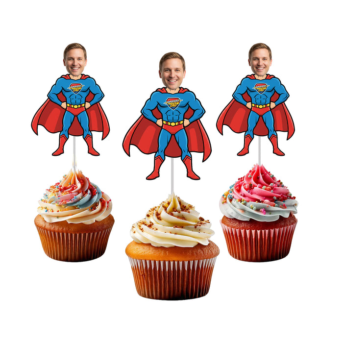 Personalized Superhero Dad Cupcake Toppers – Custom Father's Day Party Decorations with Your Photo
