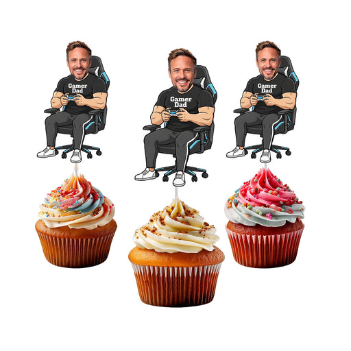 Personalized Gamer Dad Cupcake Toppers – Custom Father's Day Party Decorations with Your Photo