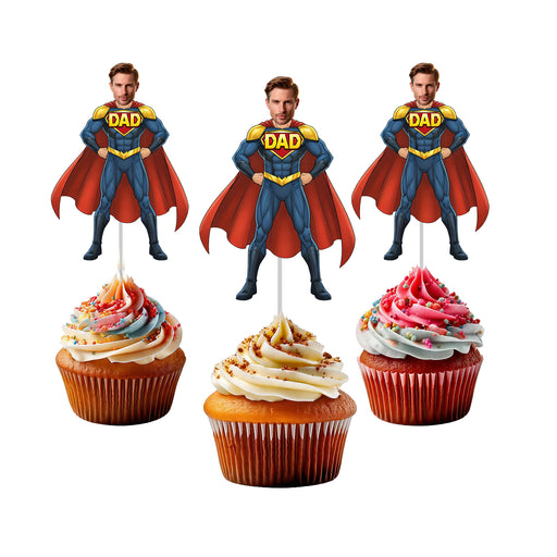 Personalized Cape Super Dad Cupcake Toppers – Custom Father's Day Party Decorations with Your Photo