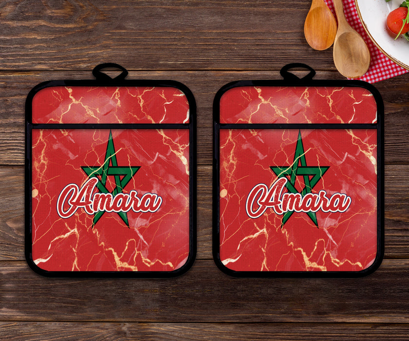 Personalized Linen Potholder Set African Country Flag Series - Morocco Flag