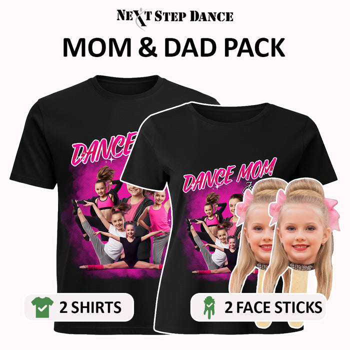 Next Step Dance Mom & Dad Pack – 2 Custom Parent Shirts + 2 Face Sticks