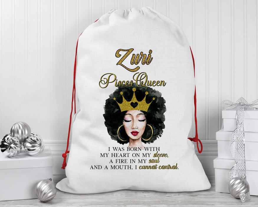 Beautiful Gold Crown Black Queen Zodiac Birthday Month Personalized Reusable Santa Sack