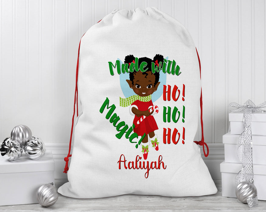 Black Santa Personalized Reusable Santa Sack - Pretty Black Girl Magic Elf Santa Helper