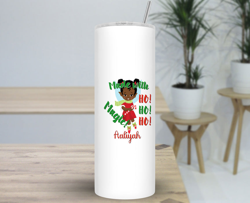 Black Santa Personalized 30oz Travel Skinny Tumbler - Pretty Black Girl Magic Elf Santa Helper