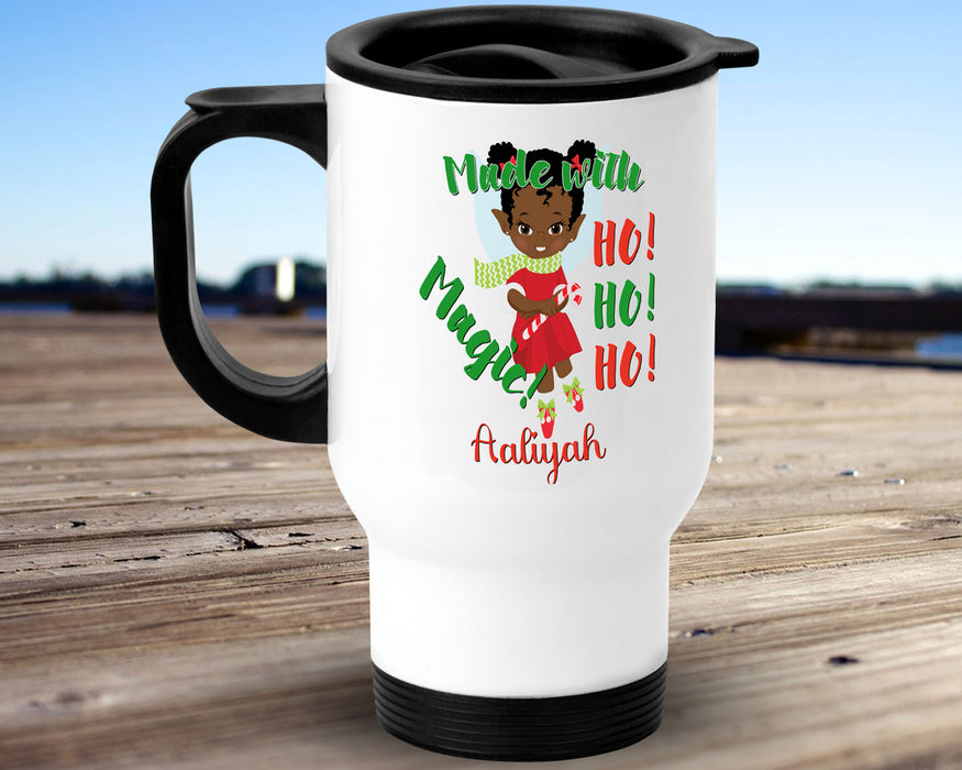 Black Santa Personalized 14oz Insulated Travel Mug - Pretty Black Girl Magic Elf Santa Helper