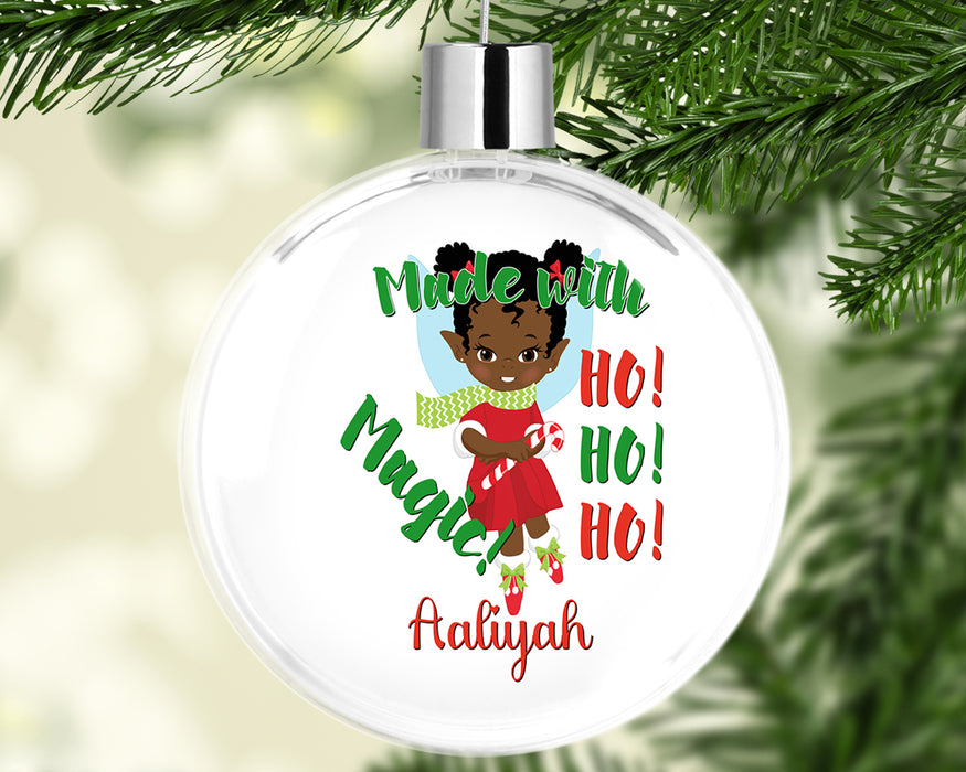 Black Santa Personalized Christmas Tree Ornament - Pretty Black Girl Magic Elf Santa Helper Tree