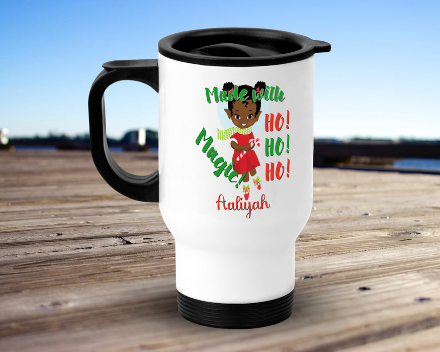 Personalized Pretty Black Girl Magic Elf Santa Helper Travel Mug