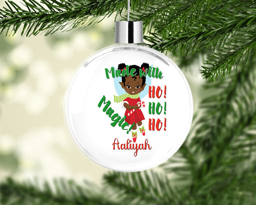 Personalized Pretty Black Girl Magic Elf Santa Helper Ornament
