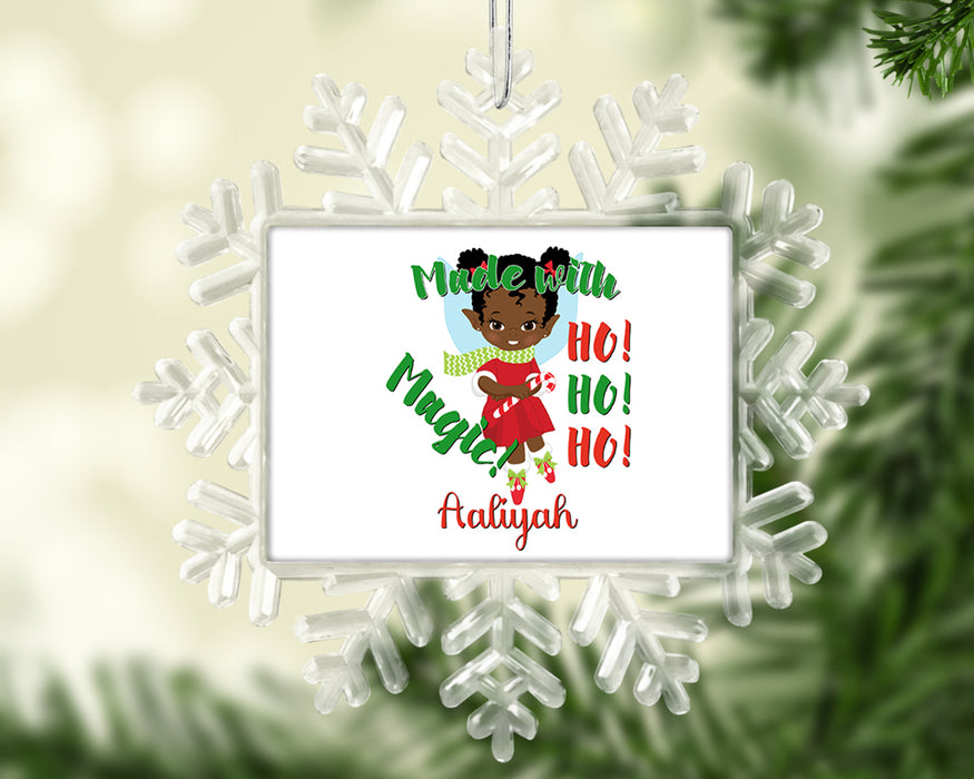 Black Santa Personalized Christmas Tree Ornament - Pretty Black Girl Magic Elf Santa Helper Tree