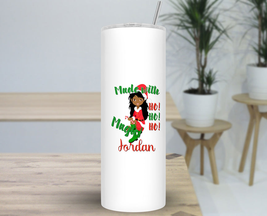 Black Santa Personalized 30oz Travel Skinny Tumbler - Pretty Brown Woman Made With Magic Elf