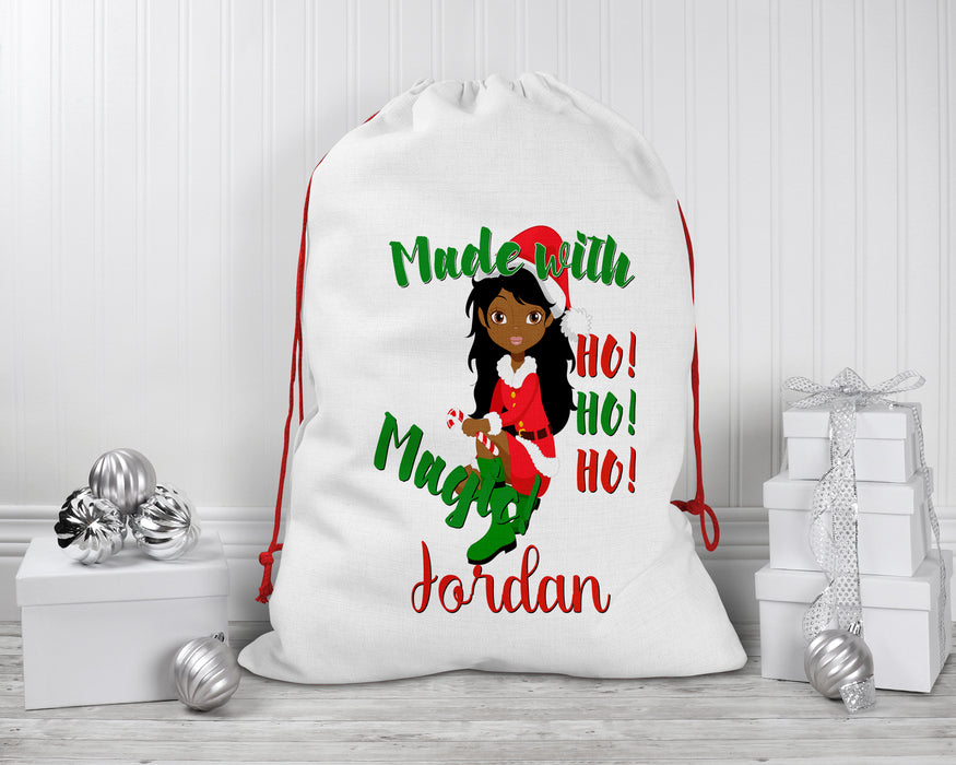 Personalized Pretty Brown Woman Made With Magic Elf Santa Sack
