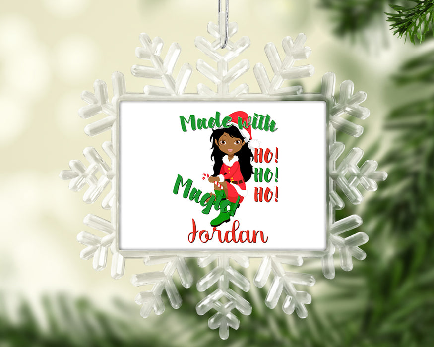 Black Santa Personalized Christmas Tree Ornament - Pretty Brown Woman Made With Magic Elf Tree