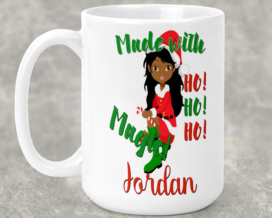 Black Santa Personalized Ceramic 15oz Mug - Pretty Brown Woman Made With Magic Elf