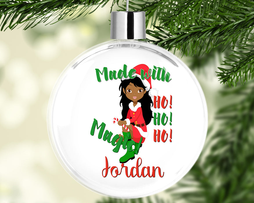 Black Santa Personalized Christmas Tree Ornament - Pretty Brown Woman Made With Magic Elf Tree