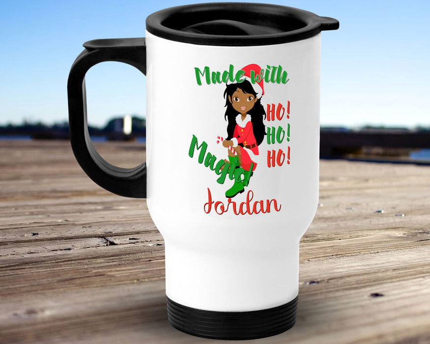 Black Santa Personalized 14oz Insulated Travel Mug - Pretty Brown Woman Made With Magic Elf