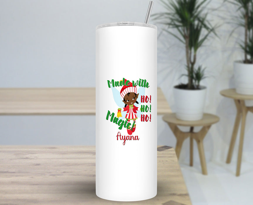 Black Santa Personalized 30oz Travel Skinny Tumbler - Pretty Brown Girl Santa Helper Elf