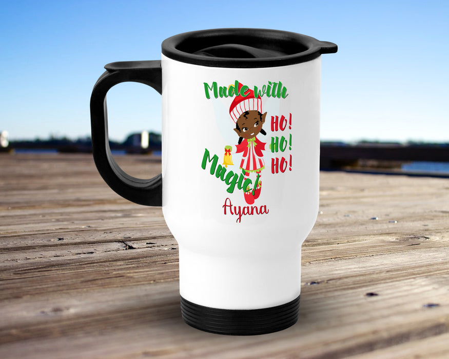 Personalized Pretty Brown Girl Santa Helper Elf Travel Mug