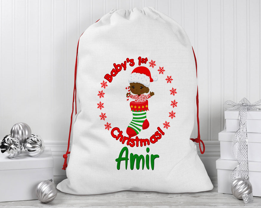 Black Santa Personalized Reusable Santa Sack - Red Santa Stocking Stuffer Baby First Christmas