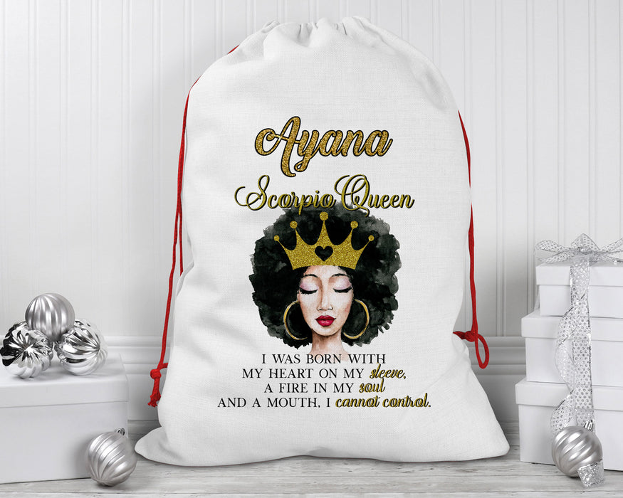 Beautiful Gold Crown Black Queen Zodiac Birthday Month Personalized Reusable Santa Sack