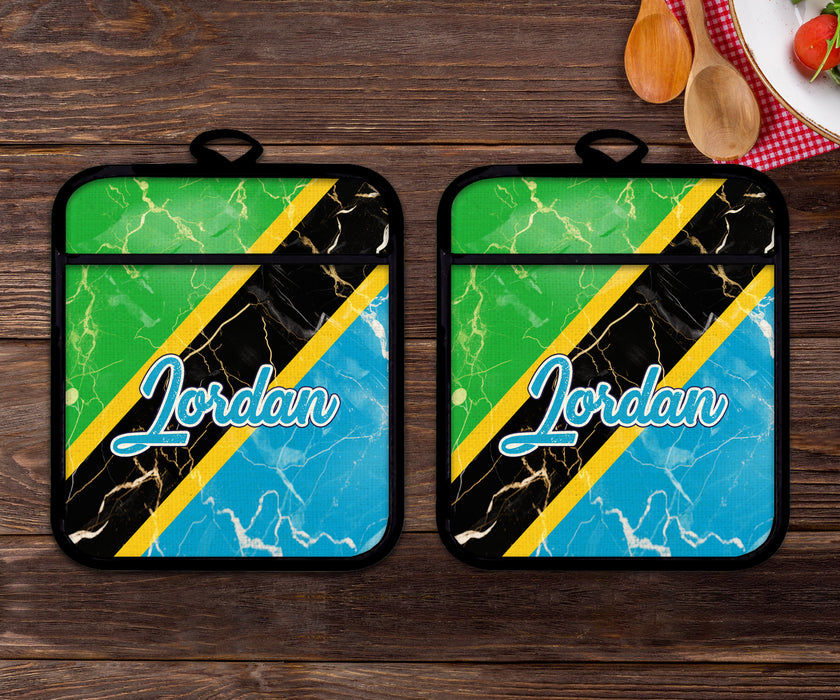 Personalized Linen Potholder Set African Country Flag Series - Tanzania Flag